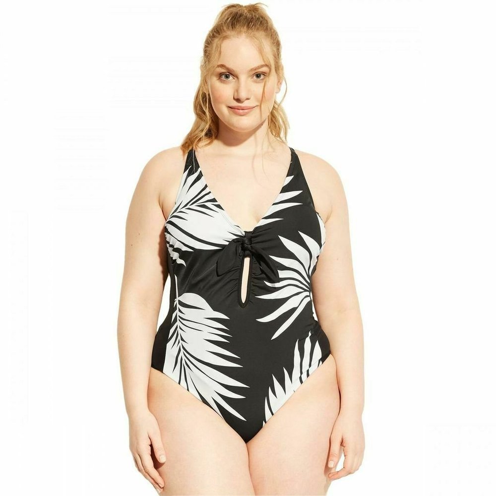 Kona Sol Black White Bow Front One Piece Swimsuit